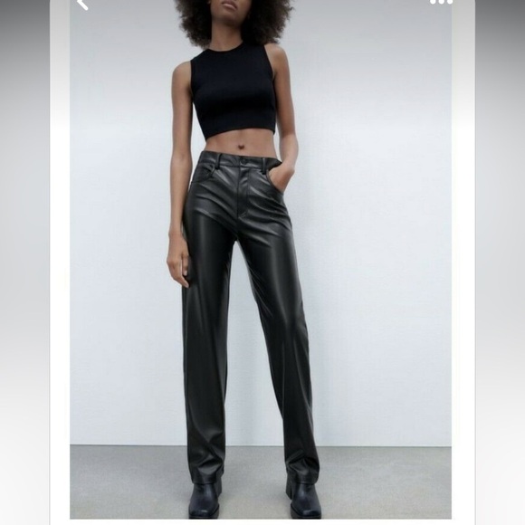 ZARA HIGH WAISTED LEATHER STRAIGHT LEG TROUSERS FLAT FRONT STYLE SIDE POCKETS - Picture 3 of 12